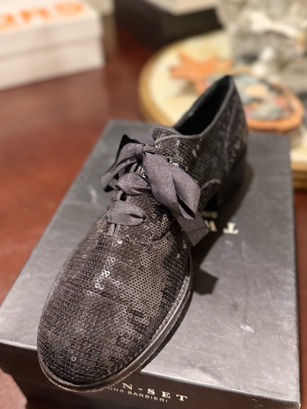 Twin-Set Black Sequin Lace-Up Flat Oxford
